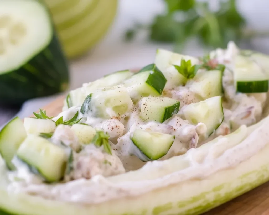 Salade de concombre et thon avec oignon rouge et vinaigre balsamique, recette saine.