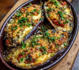 Aubergines gratinées au fromage et herbes fraîches