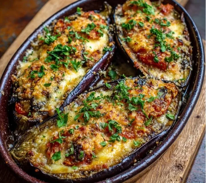 Aubergines gratinées au fromage et herbes fraîches