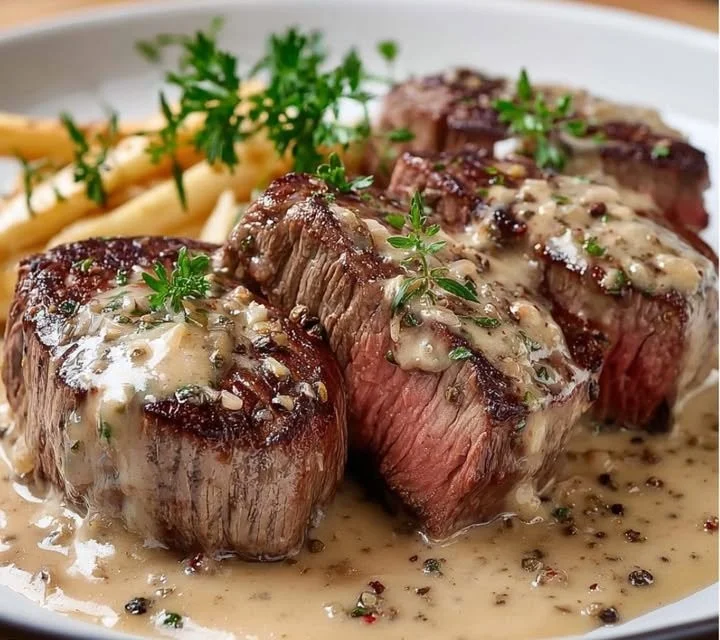 Plat de Bœuf au Poivre sur une assiette, sauce crémeuse au poivre noir