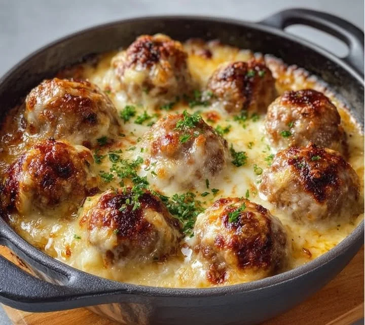 Boulettes à l’Oignon façon Soupe Gratinée sur un plat