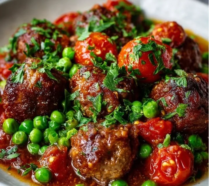 Boulettes de Bœuf mijotées aux petits pois et tomates dans un plat savoureux