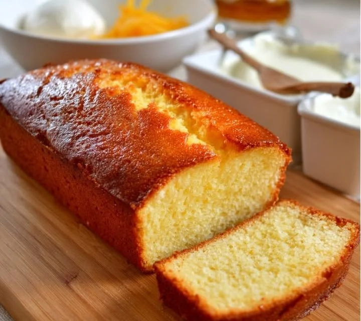 Gâteau au yaourt moelleux et orange décoré sur une table