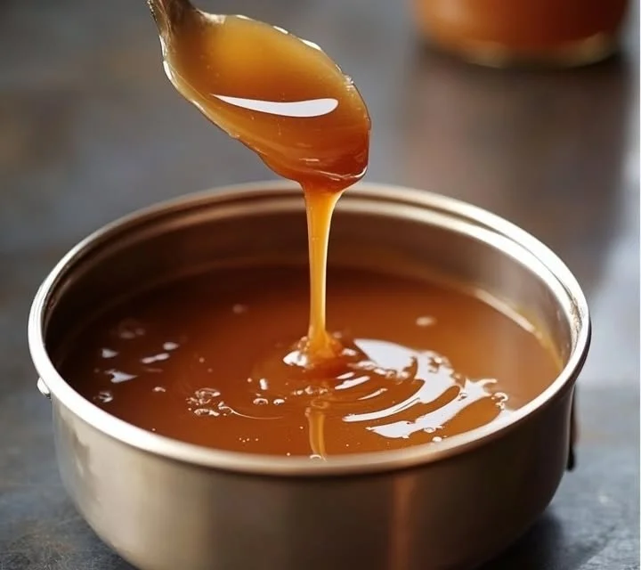 Pot de Caramel au Beurre Salé artisanal avec un accent sur la texture crémeuse.