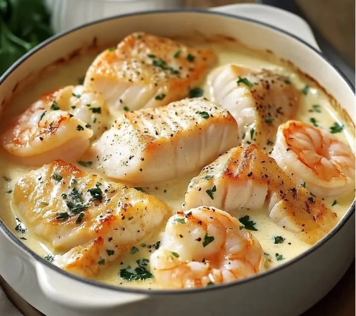 Cassolette de poissons garnie de légumes et d'herbes fraîches