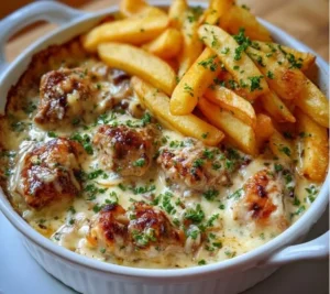 Cassolettes de Poulet au Maroilles avec des frites maison sur une assiette