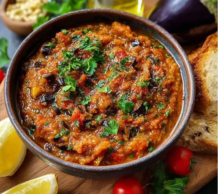Bol de caviar d'aubergine marocain avec pain pita et légumes frais