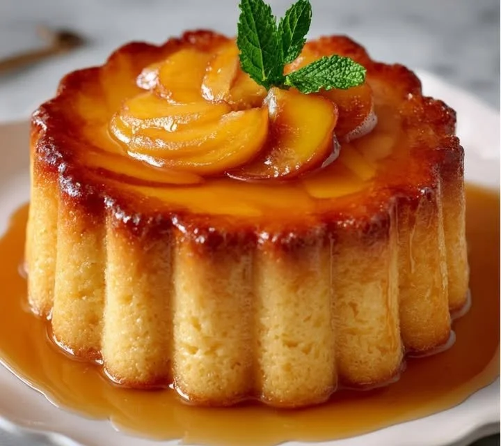 Dessert de charlotte flan à la pêche, garnie de tranches de pêches fraîches