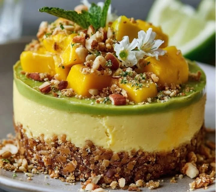 Cheesecake salé avocat-mangue sur un plat, garni de crumble de noisettes.