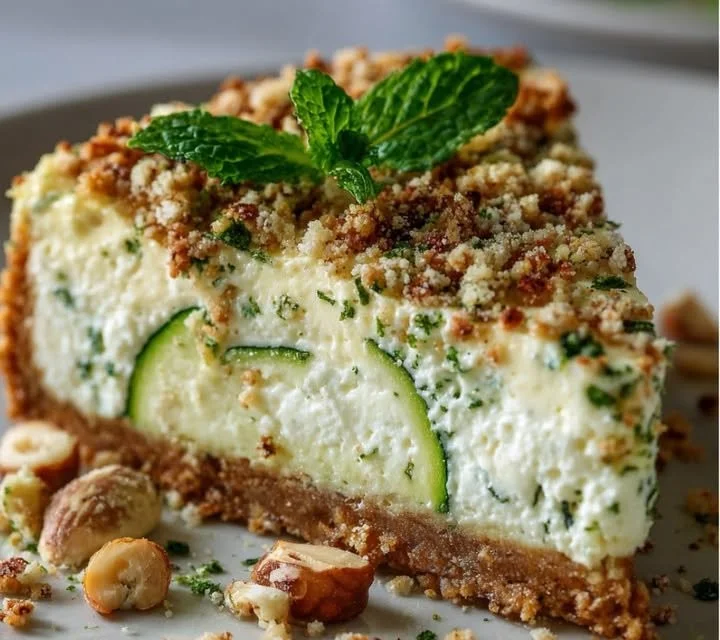 Cheesecake salé courgette-menthe et crumble de noisettes sur une assiette