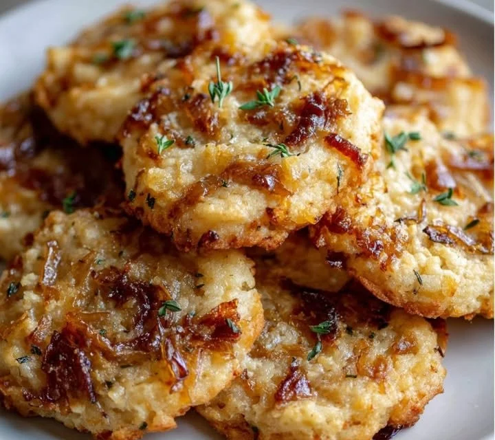 Cookies salés aux oignons caramélisés et fromage Comté sur une assiette