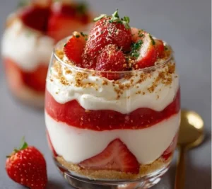 Coupe aux Fraises et Mascarpone présentée dans un verre élégant