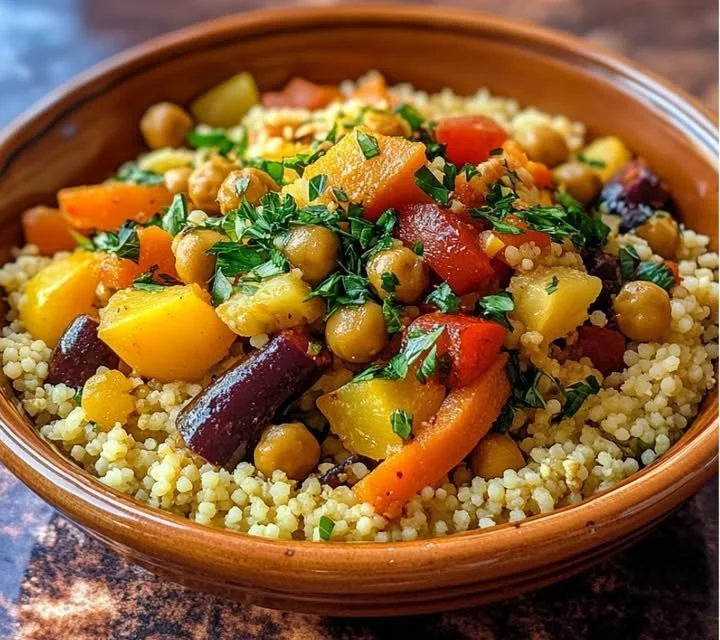 Plat de couscous marocain aux 7 légumes garnis de légumes variés