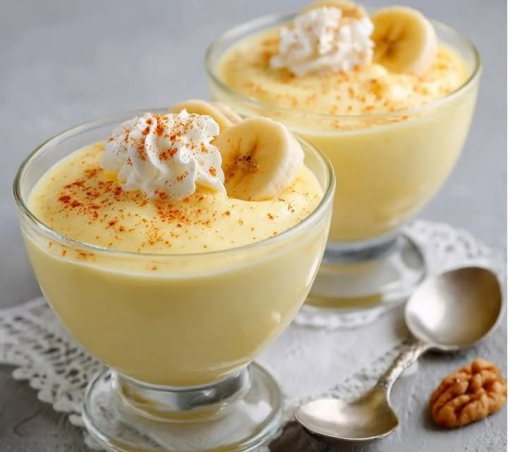 Crème à la banane onctueuse et fondante servie dans un bol en porcelaine.