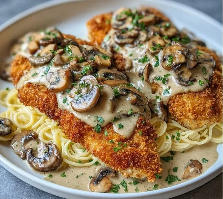 Crispy golden chicken topped with creamy mushroom and parmesan sauce