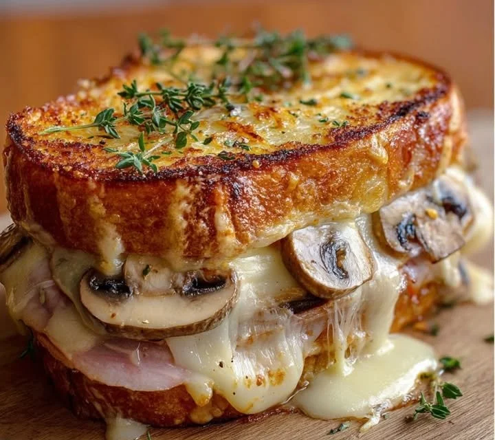 Croque-Monsieur Gourmand aux Champignons servi avec fromage fondant