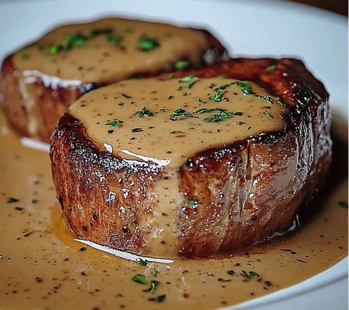 Filet mignon accompagné de sauce miel moutarde sur une assiette gastronomique.