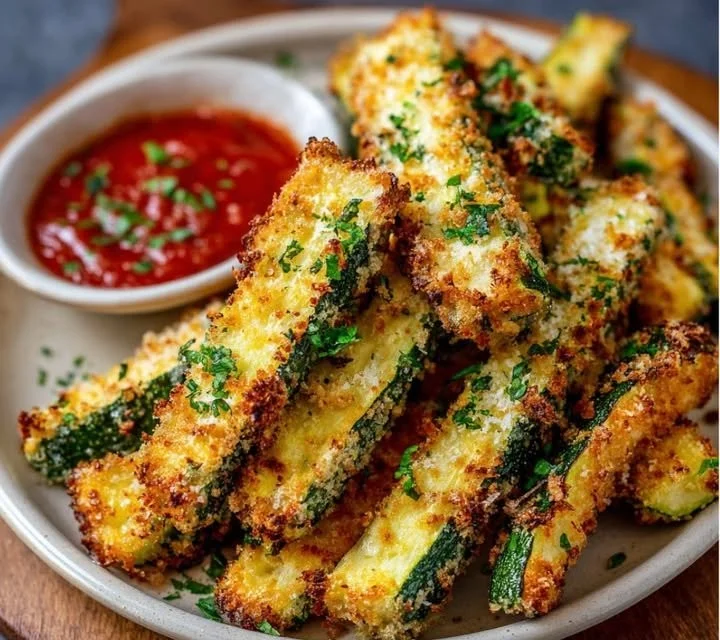 Frites de courgettes au parmesan croustillantes cuites au four.