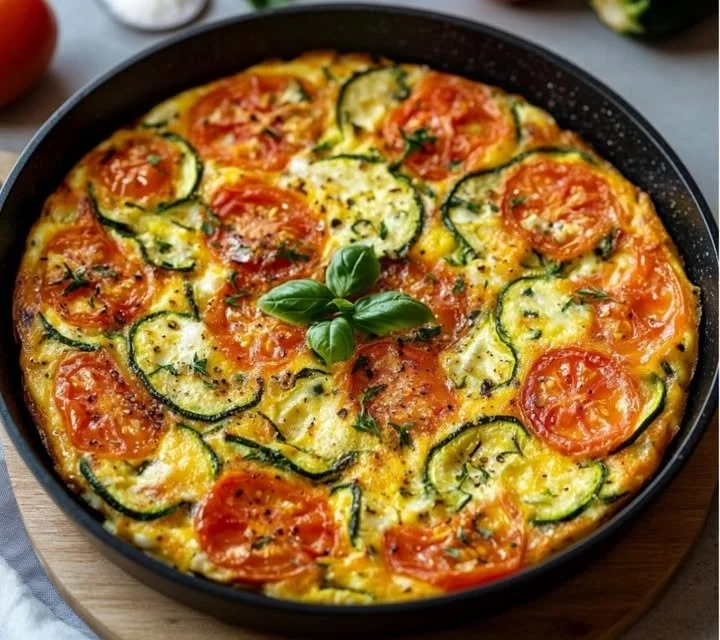 Frittata aux courgettes et tomates servie dans une assiette