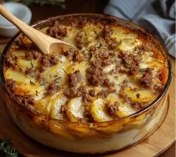 Gratin de Pommes de Terre au Bœuf Haché doré et appétissant dans un plat de cuisson.