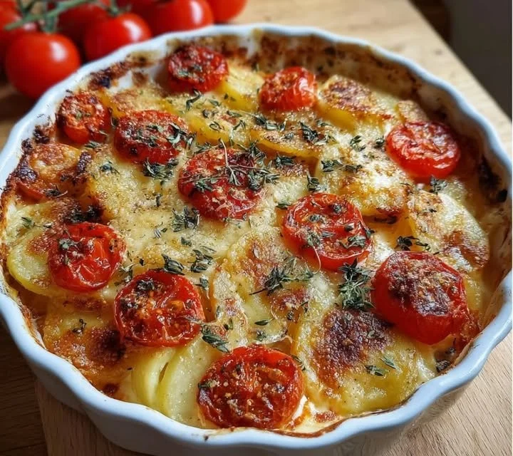 Gratin de Pommes de Terre, Tomates et Mozzarella cuit au four, plat savoureux et réconfortant