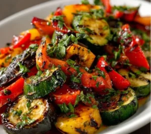 Légumes grillés avec balsamique et herbes fraîches sur une assiette