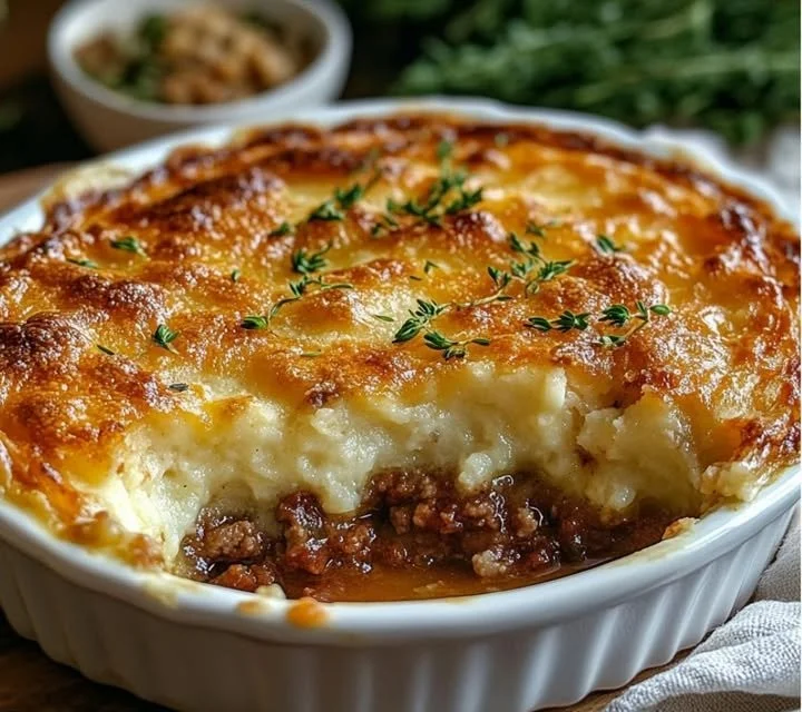Plat traditionnel Hachis Parmentier de grand-mère, savoureux et réconfortant.