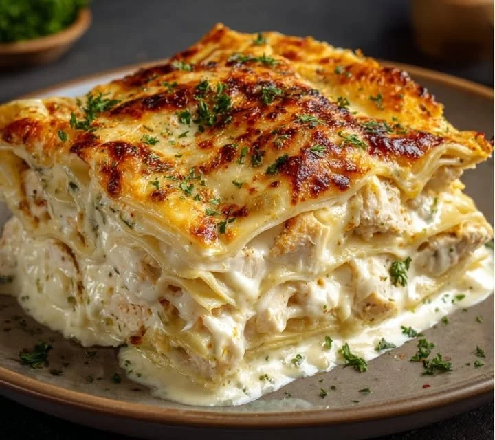 Lasagnes crémeuses au poulet avec sauce blanche bien présentées dans un plat