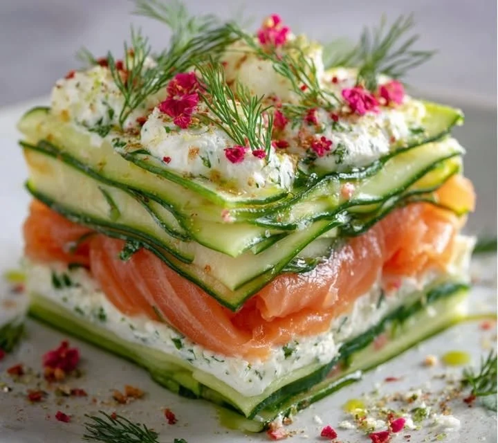 Lasagnes d’Été au saumon et concombre, un plat rafraîchissant et savoureux.