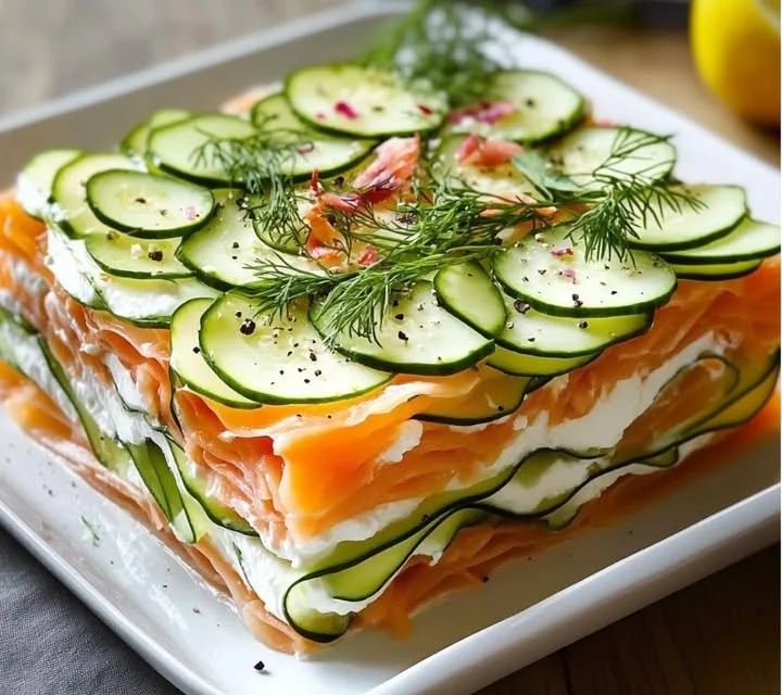 Lasagnes froides de concombre et saumon avec sauce citron-aneth