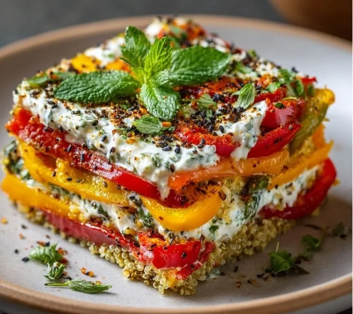 Lasagnes froides de poivrons, quinoa et sauce yaourt-menthe sur une assiette.