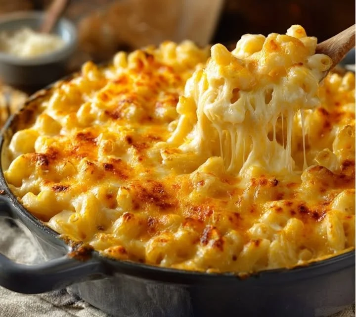 Plat de macaroni au fromage au four, doré et crémeux, prêt à être dégusté.