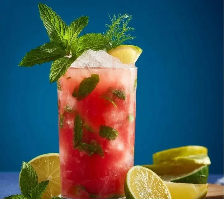 Mojito à la pastèque garnie de menthe et de lime dans un verre décoratif