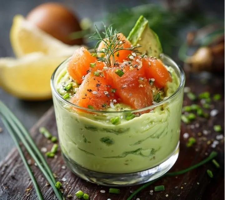 Mousse à l'avocat et saumon fumé servie dans des verrines élégantes
