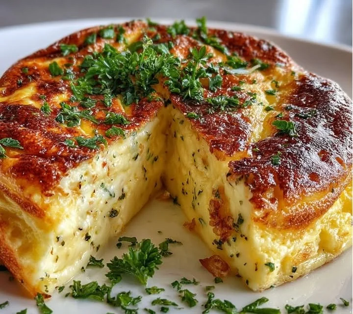 Omelette Soufflée au Fromage, moelleuse et dorée, servie sur une assiette blanche.