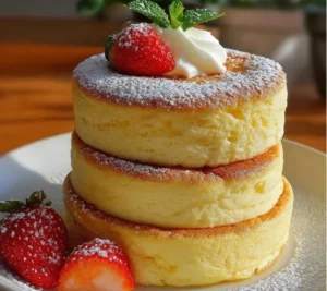 Pancakes Japonais Soufflés ultra moelleux garnis de sirop et fruits frais