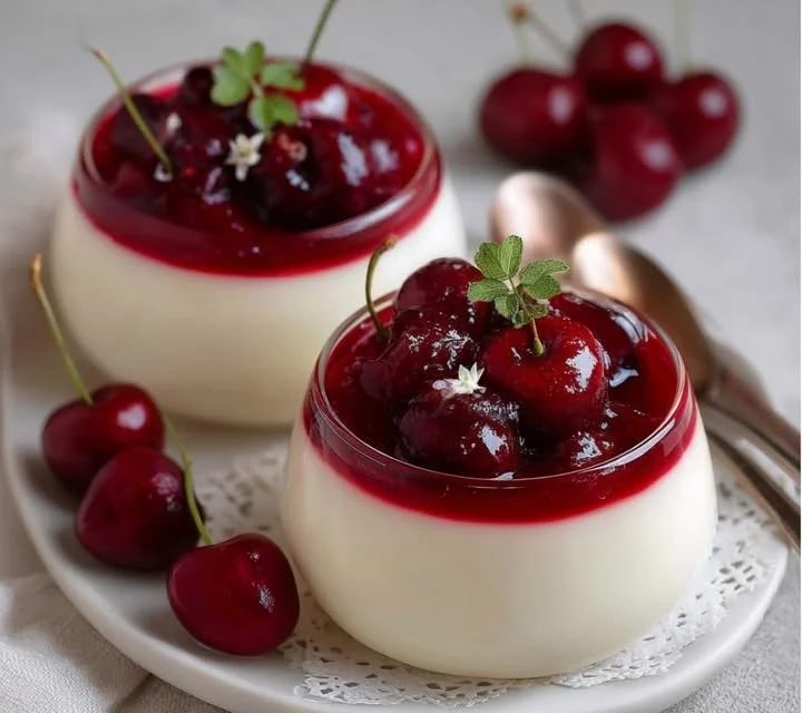 Panna Cotta aux cerises servie dans une coupe élégante.