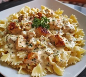 Pasta with chicken and creamy Boursin sauce on a plate, garnished with herbs