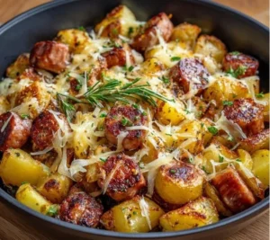 Pommes croustillantes accompagnées de saucisse et fromage, une recette savoureuse.