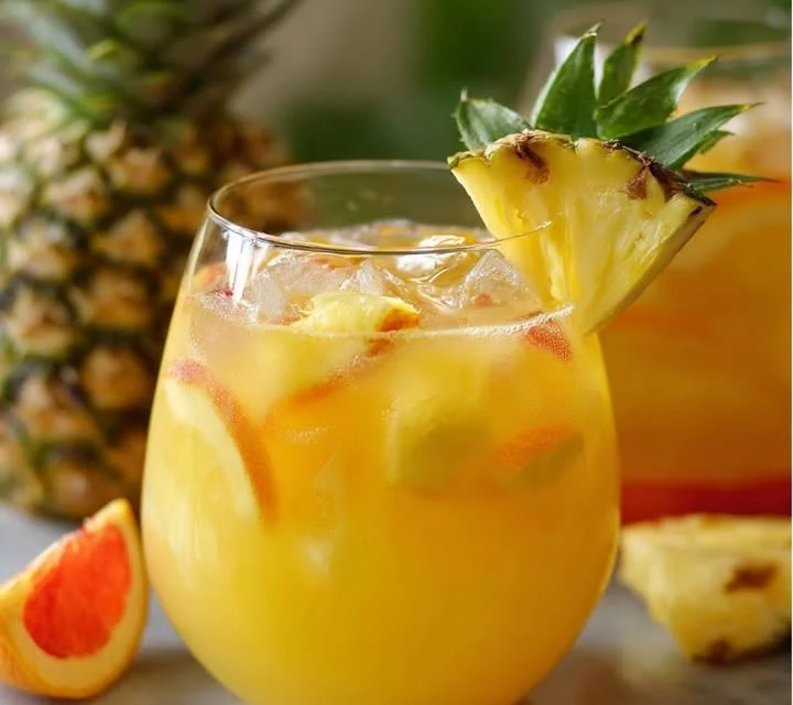 Verres de Punch Tropical à l'Ananas servis sur une table ensoleillée.