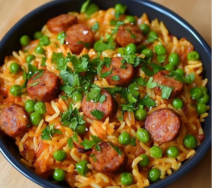 Riz aux saucisses et petits pois dans une assiette