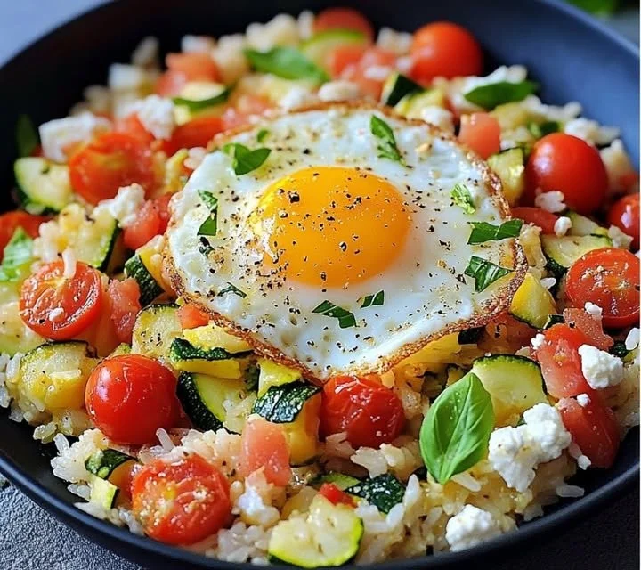 Riz sauté aux courgettes, tomates et œuf au plat dans une assiette colorée