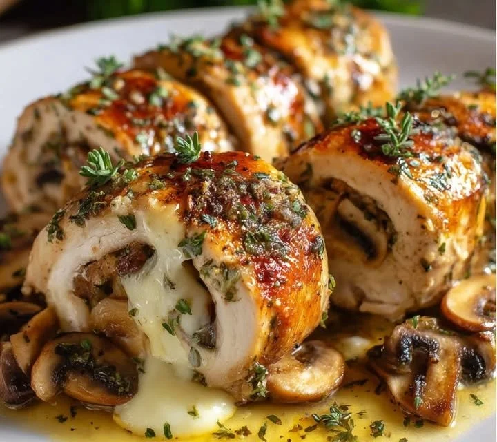 Roulades de poulet farcies aux champignons et fromage fondant, prêtes à savourer.