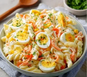 Salade de pasta avec surimi et œufs durs dans un bol coloré.