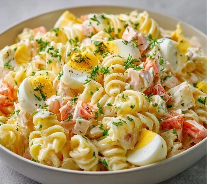 Salade de pâtes au surimi et œufs durs, recette fraîche et savoureuse