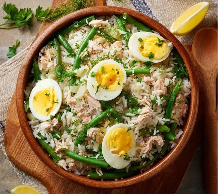 Salade de riz avec thon, haricots verts et œufs, plat frais et coloré