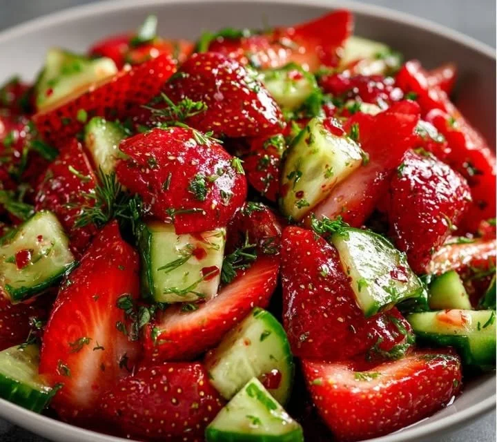 Salade fraîche fraise-concombre servie dans un bol.
