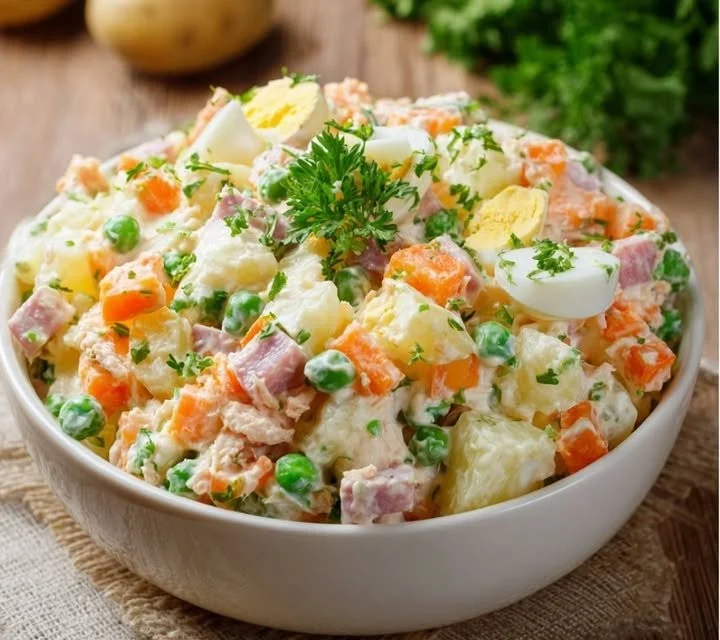 Salade Russe traditionnelle avec légumes et mayonnaise