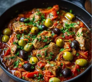 Sauté de bœuf aux olives savoureux et coloré dans une assiette