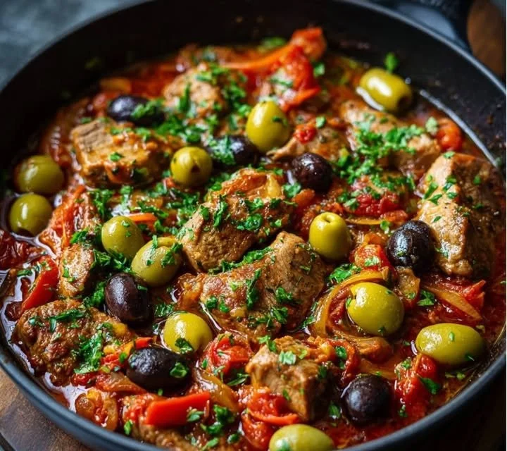 Sauté de bœuf aux olives savoureux et coloré dans une assiette